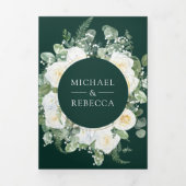 Ivory Floral Photo Emerald Green QR Code Wedding Dreifach Gefaltete Einladung (Cover)