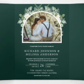 Ivory Floral Photo Emerald Green QR Code Wedding Dreifach Gefaltete Einladung (Innenseite Mitte)