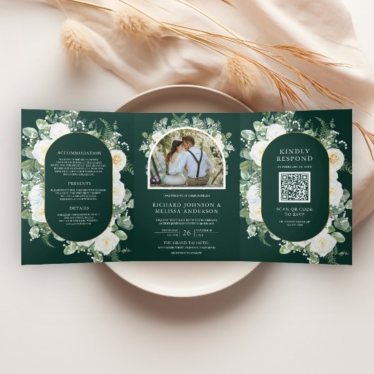 Ivory Floral Photo Emerald Green QR Code Wedding Dreifach Gefaltete Einladung