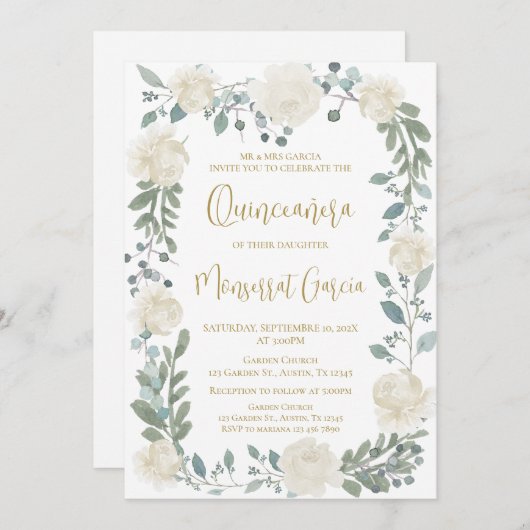 Ivory Floral Quinceñera Einladung (Vorne/Hinten)