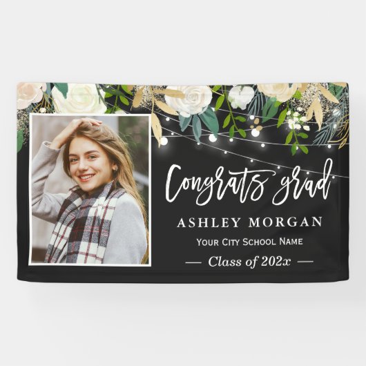 Ivory Floral String Lights Foto Abschluss Banner (Horizontal)