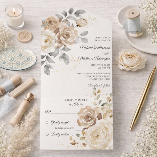 Ivory Floral Wedding All In One Einladung