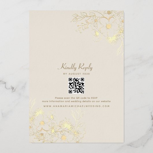 Ivory Floral Wedding Gold Folieneinladung (Rückseite)