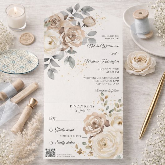 Ivory Floral Wedding with QR Code All In One Einladung