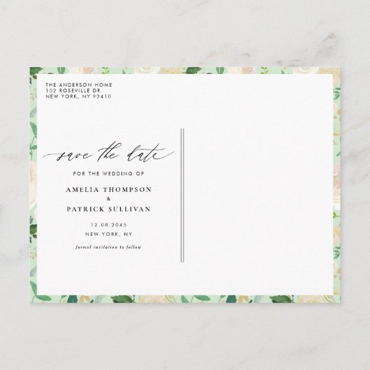 Ivory Floral Wreath mit Grün Save the Date Ankündigungspostkarte (Rückseite)