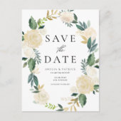 Ivory Floral Wreath mit Grün Save the Date Ankündigungspostkarte (Vorderseite)