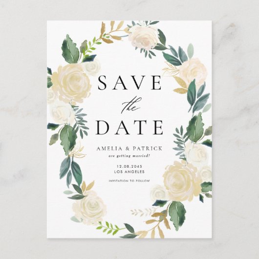 Ivory Floral Wreath mit Grün Save the Date Ankündigungspostkarte (Vorderseite)