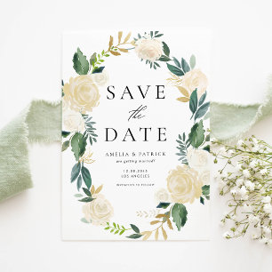Ivory Floral Wreath mit Grün Save the Date Ankündigungspostkarte