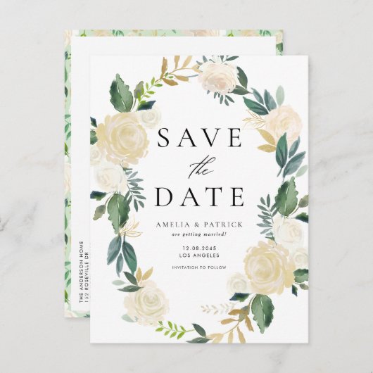 Ivory Floral Wreath QR-Code Save the Date Ankündigungspostkarte (Vorne/Hinten)