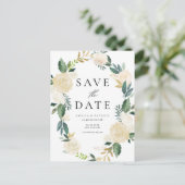Ivory Floral Wreath QR-Code Save the Date Ankündigungspostkarte (Stehend Vorderseite)