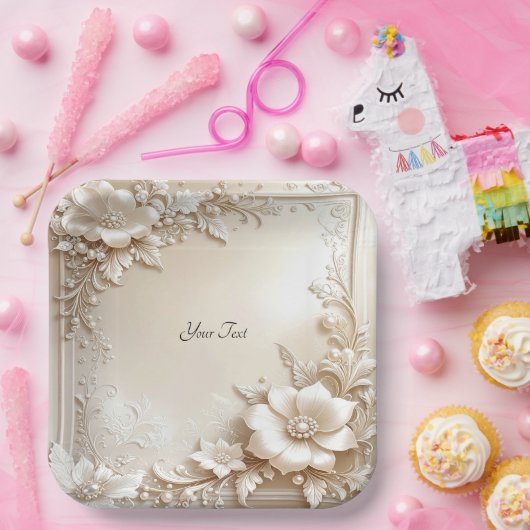 Ivory Flowers Paper Plate Pappteller (Party)