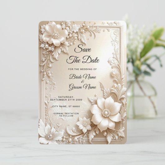Ivory Flowers Save the Date (Stehend Vorderseite)