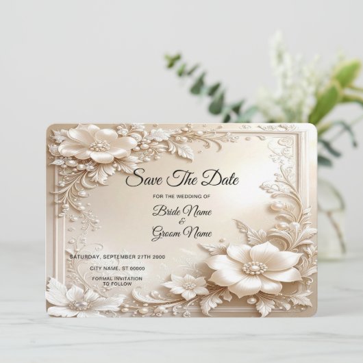 Ivory Flowers Save The Date (Stehend Vorderseite)