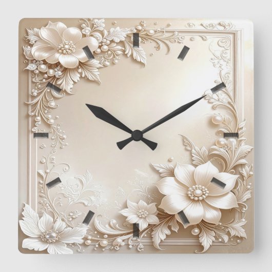 Ivory Flowers Wall Clock Quadratische Wanduhr (Vorderseite)