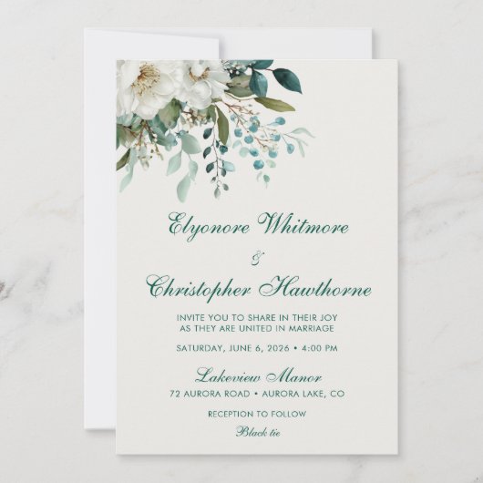 Ivory Forest Teal Script Floral Wedding Einladung (Vorderseite)