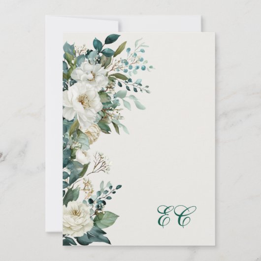 Ivory Forest Teal Script Floral Wedding Einladung (Rückseite)