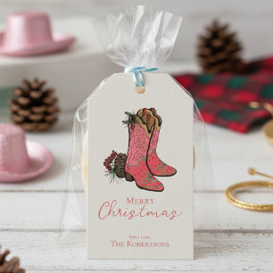 Ivory Frohe Weihnachts-Cowgirl Stiefel und Kariert Geschenkanhänger