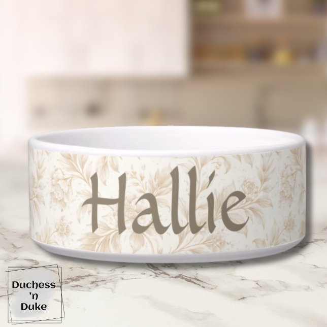 Ivory Garden Floral Pattern Design Dog  Napf (Personalized Dog Bowl with ivory botanical design displayed on marble counter top)