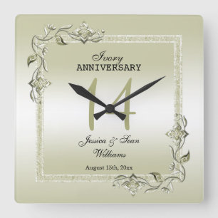 Ivory Gem & Glitter 14th Wedding Anniversary  Quadratische Wanduhr