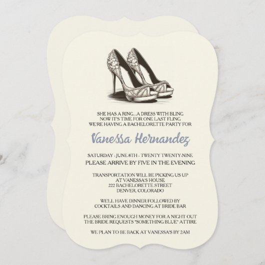 Ivory Glam Shoes Junggeselinnen-Abschied Einladung (Vorne/Hinten)