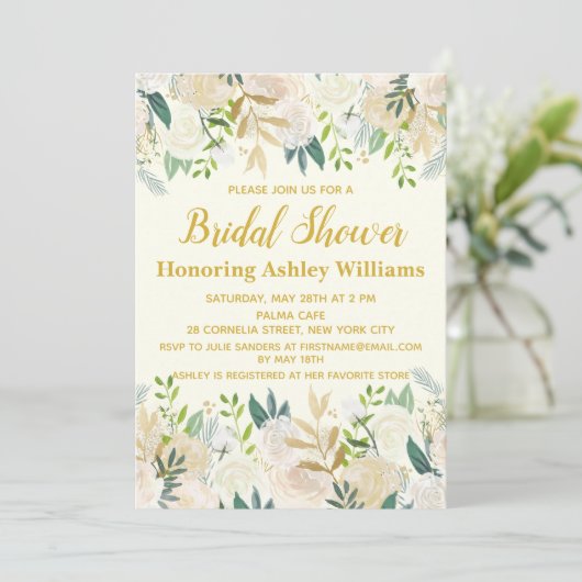 Ivory Gold Boho Greenery Bridal Dusche Einladungen (Stehend Vorderseite)