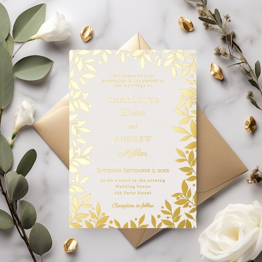 Ivory gold botanical leaves luxury wedding folieneinladung