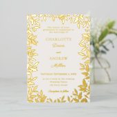 Ivory gold botanical leaves luxury wedding folieneinladung (Stehend vorne)