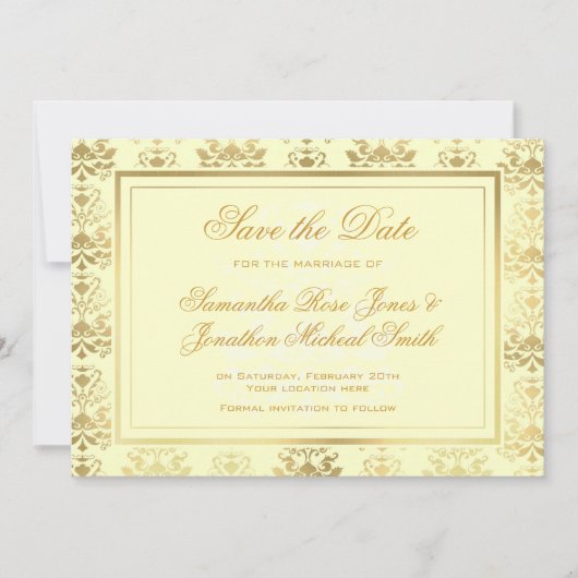 Ivory & Gold Damask Save the Date (Vorderseite)