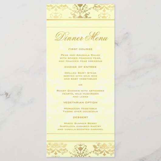 Ivory & Gold Damask Slim Dinner Menü Menükarte (Vorderseite)