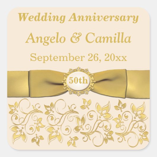 Ivory Gold Floral 50. Hochzeitsticker Quadratischer Aufkleber (Vorderseite)