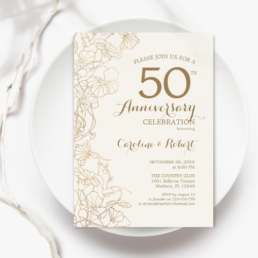 Ivory Gold Floral 50 Jahre Jubiläum Einladung
