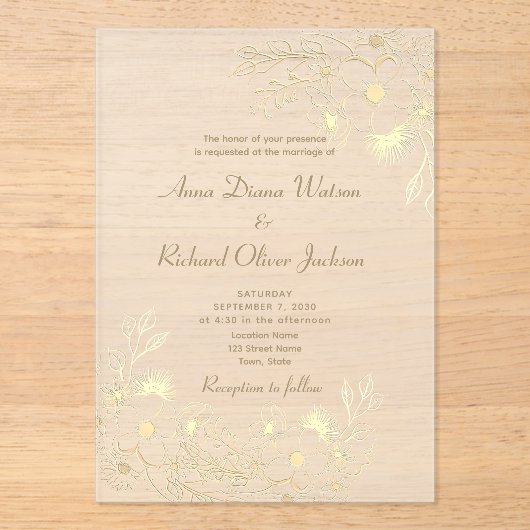Ivory Gold Floral Acrylic Wedding Einladung (Vorderseite)