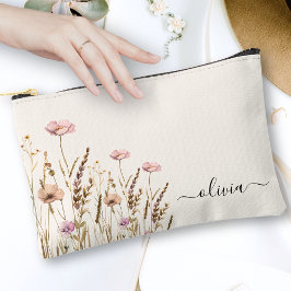 Ivory Gold Floral Name Monogram Zubehörtasche