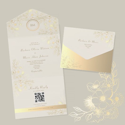 Ivory Gold Floral QR Code Wedding All In One Einladung