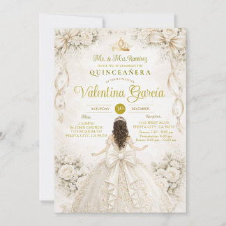  Ivory Gold Floral Quinceañera Princess Einladung