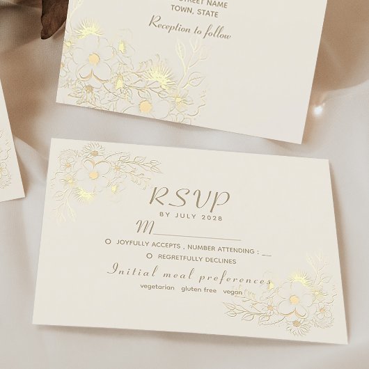Ivory Gold Floral Wedding RSVP Card Karte