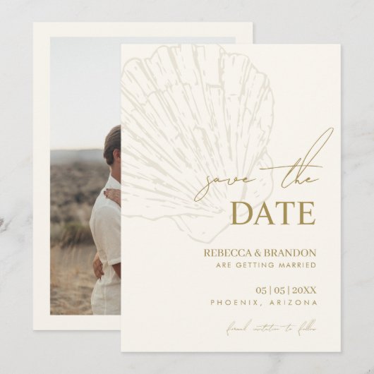 Ivory & Gold Hand Drawn Coastal Seashell Wedding Save The Date (Vorne/Hinten)