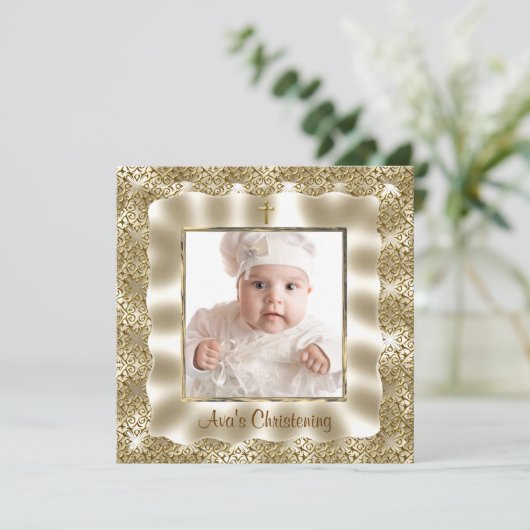 Ivory Gold Lace Baby Foto Taufe Christening Karte (Stehend Vorderseite)