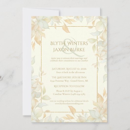 Ivory Gold Leafy Border Botanical Elegant Wedding  Einladung (Vorderseite)