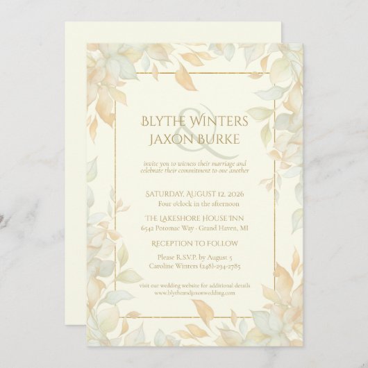Ivory Gold Leafy Border Botanical Elegant Wedding  Einladung (Vorne/Hinten)