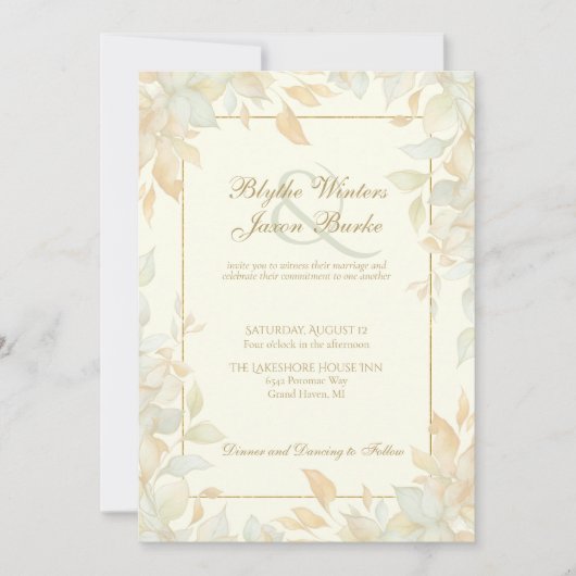 Ivory Gold Leafy Border Botanical Elegant Wedding Einladung (Vorderseite)
