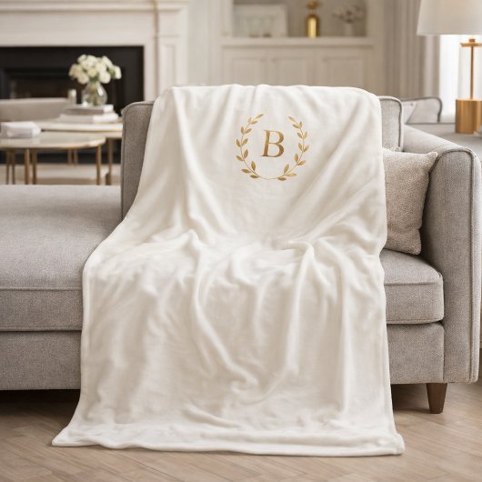 Ivory gold monogrammed wreath elegant fleecedecke