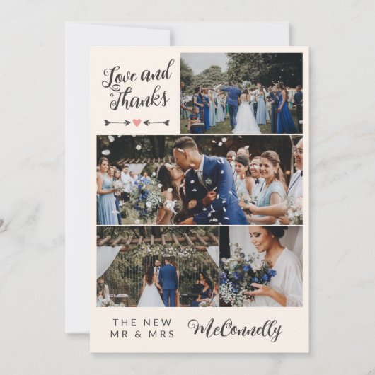 Ivory Gray Arrow Foto Collage Liebe Dank Hochzeit Dankeskarte (Vorderseite)