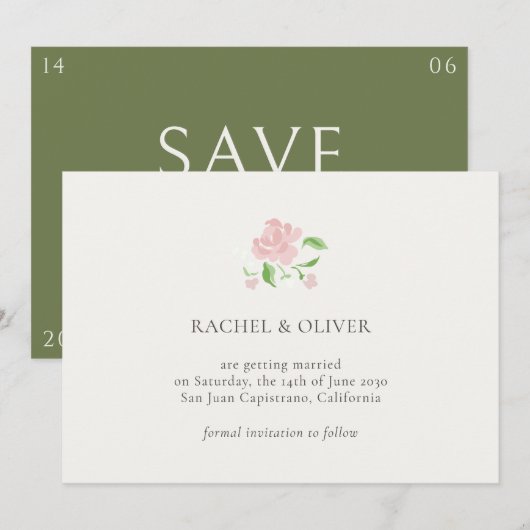 Ivory & Green | Floral Rose Wedding Save The Date (Vorne/Hinten)