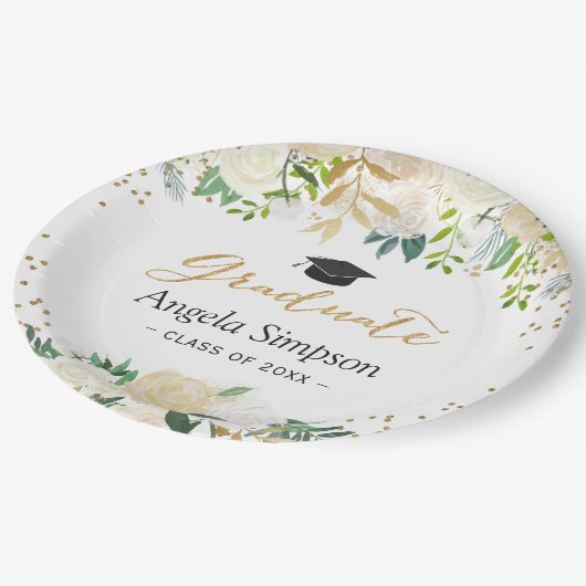 Ivory Green Gold Floral Abschluss Graduate Pappteller (Schrägansicht)