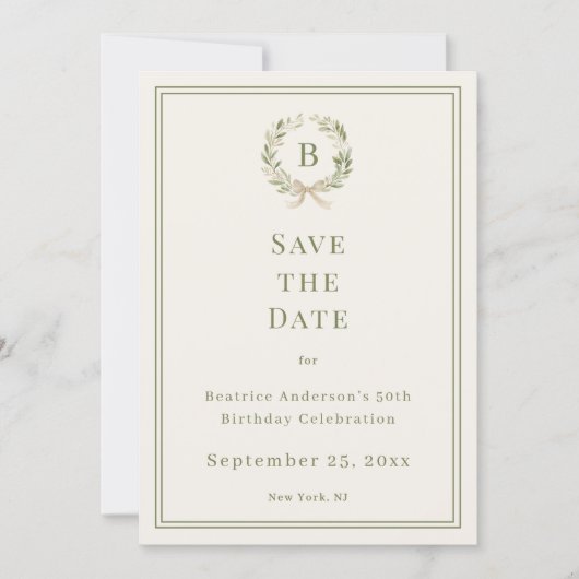 Ivory green monogram wreath birthday save the date (Vorderseite)