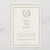 Ivory green monogram wreath birthday save the date (Vorne/Hinten)