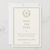 Ivory green monogram wreath birthday save the date (Vorderseite)