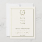Ivory green monogram wreath birthday Save the Date (Vorderseite)
