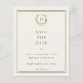 Ivory green monogram wreath birthday Save the Date Flyer (Vorne)